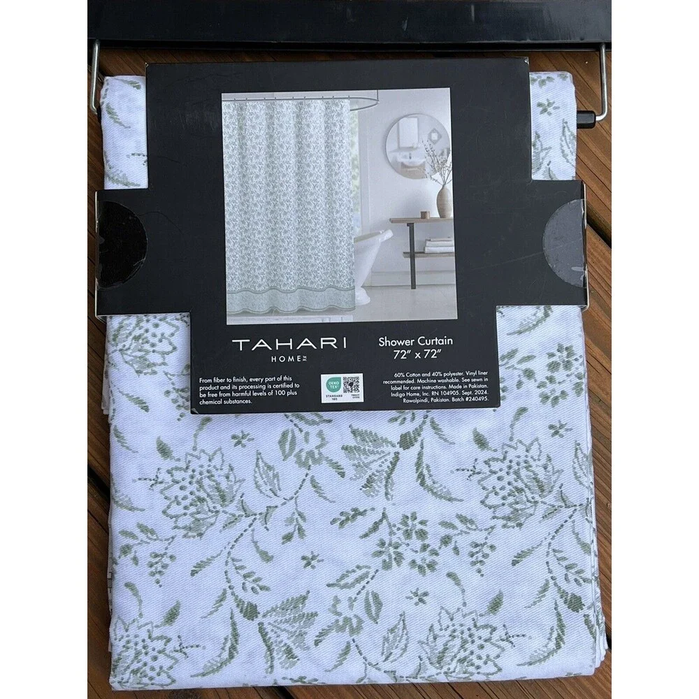 TAHARI Home Fabric Shower Curtain White & Green Floral Border Botanical New